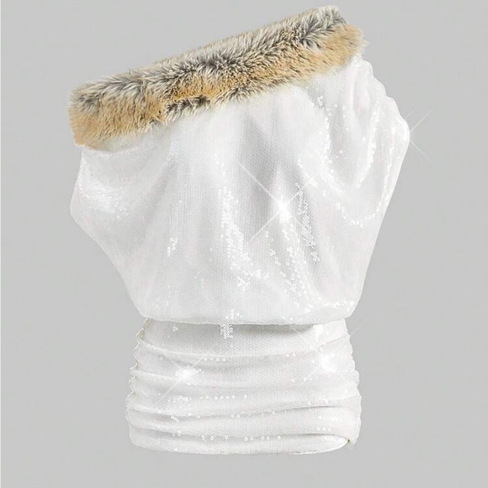 NWT SIZE L White Sequin off the shoulder dress with Faux Fur Trim